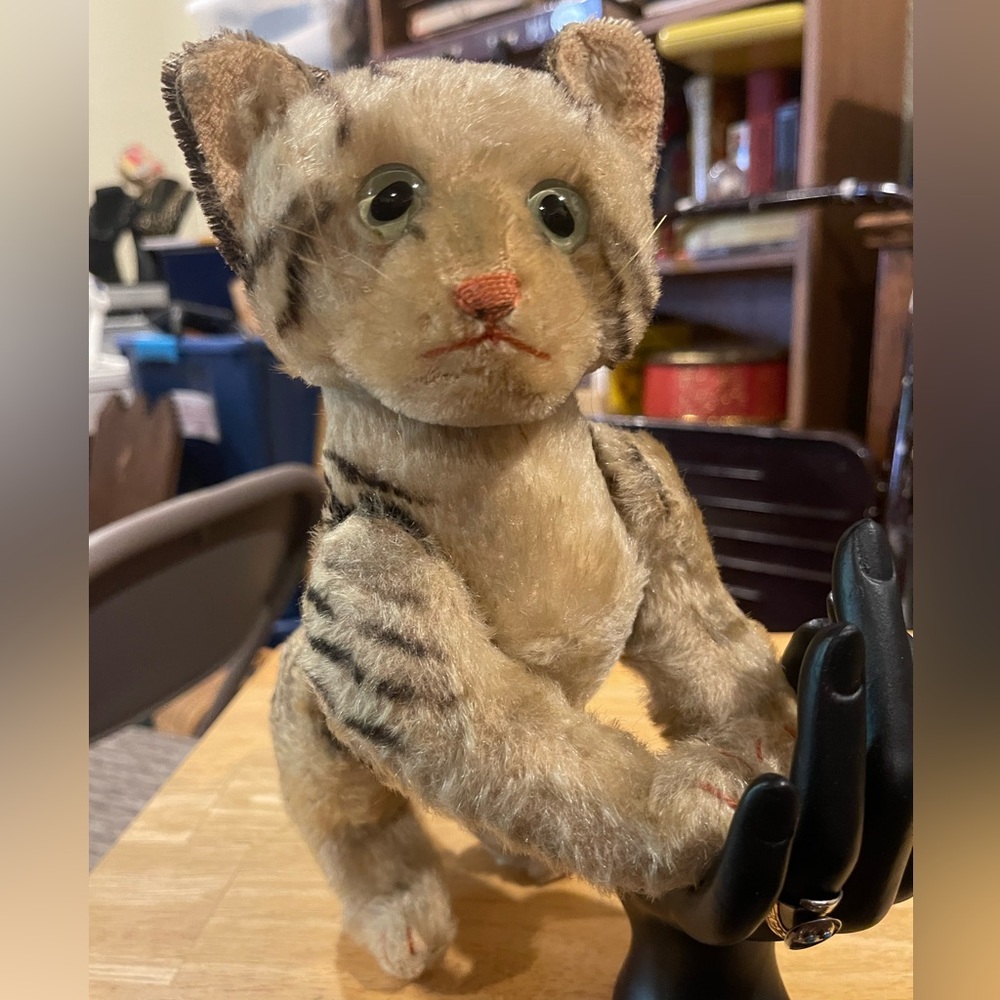 SOLD Steiff Mohair Tabby Cat Fully Articulated/Jointed 1950s No Button One Owner
